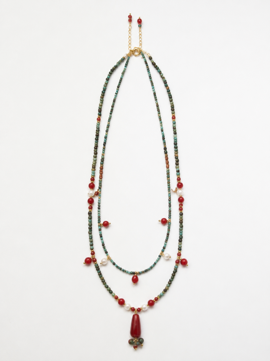 Hubei Turquoise, Red Agate, Necklace, Five Elements Design, Women Jewelry, Adjustable Extender, Gift