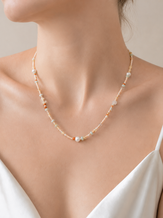 Gradient Amazonite, Pearl, Clear Quartz, Necklace, Five Elements Design, Women Jewelry, Adjustable E