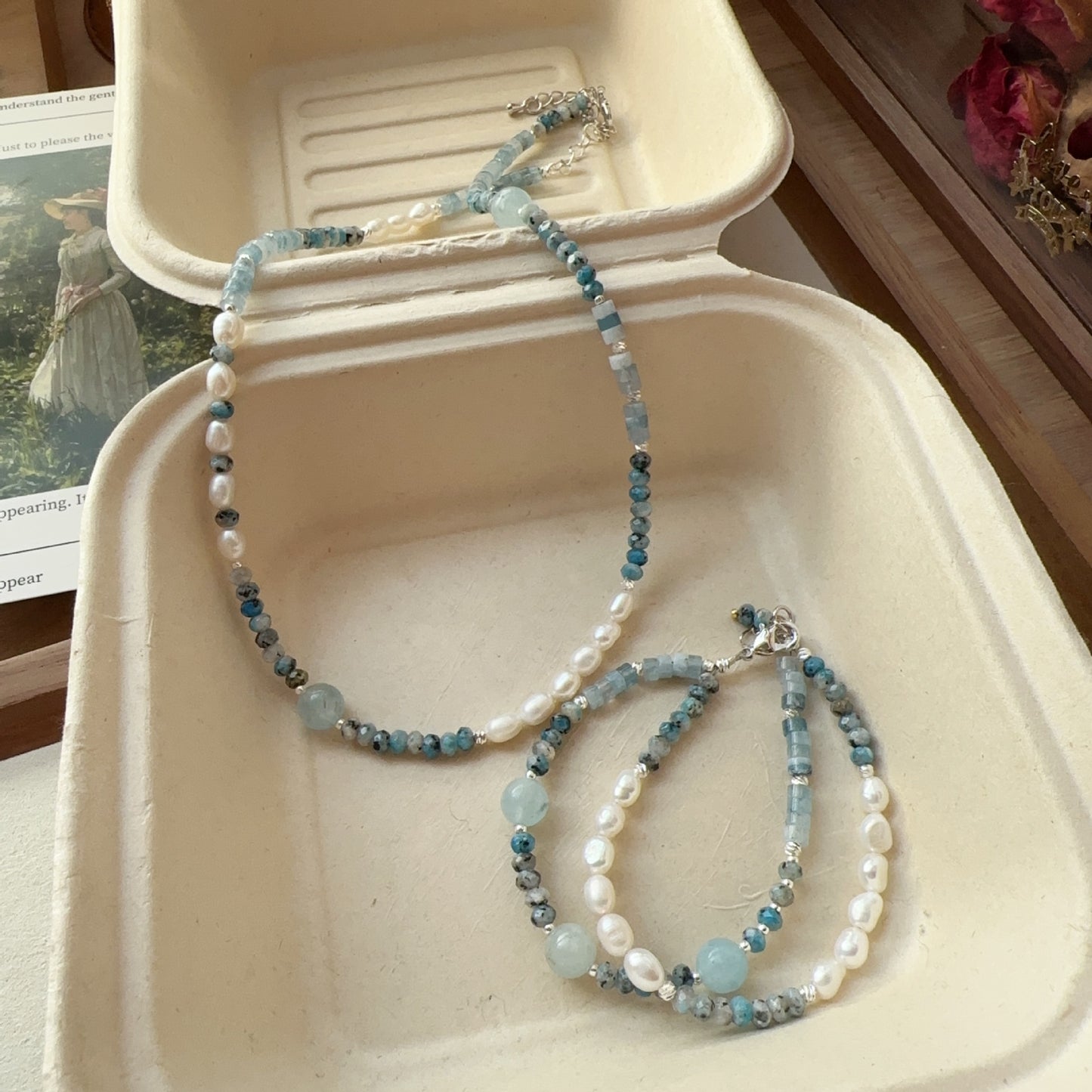 Blue Gemstone, Aquamarine, Pearl, Jewelry Set, Five Elements Design, Women Jewelry, Gift for Her, XZS001