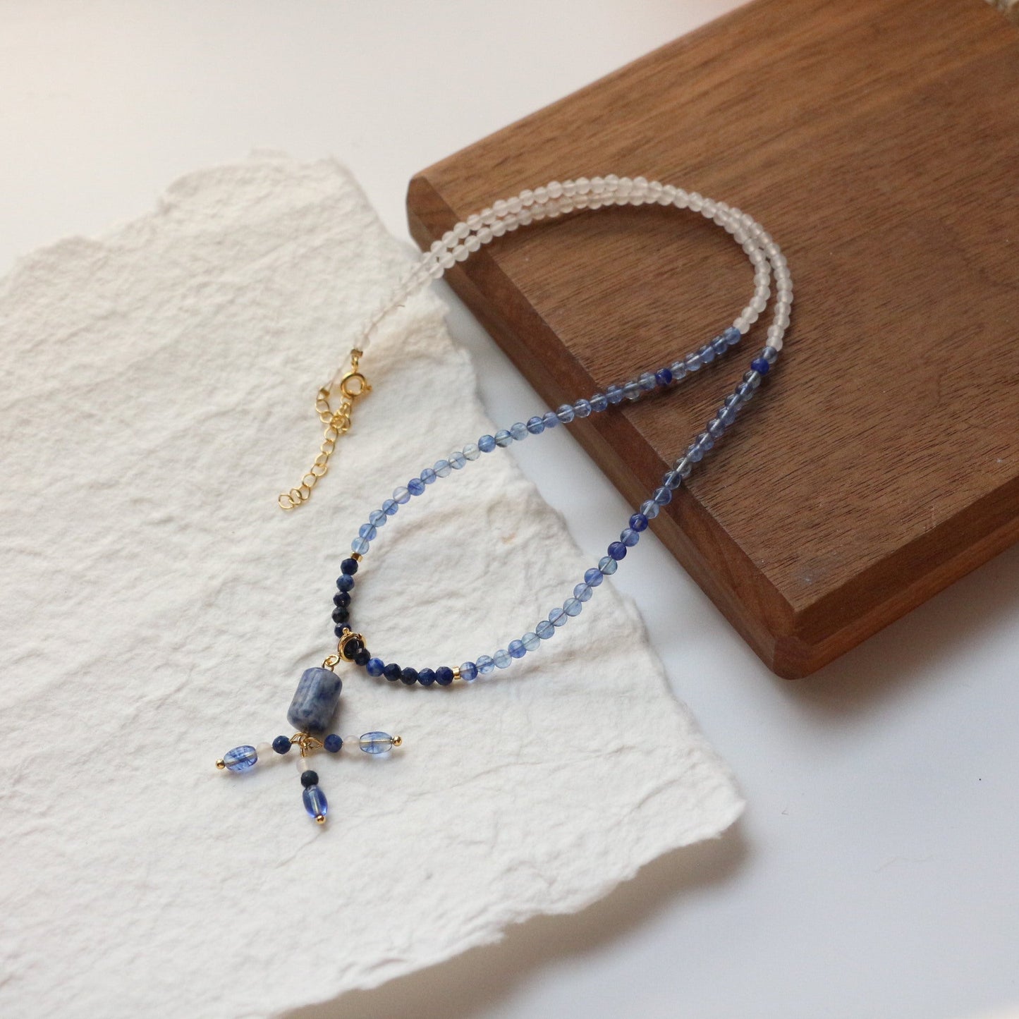 Blue Crystal, White Agate, Lapis Lazuli, Necklace, Chinese Heritage Style, Women Jewelry, Adjustable