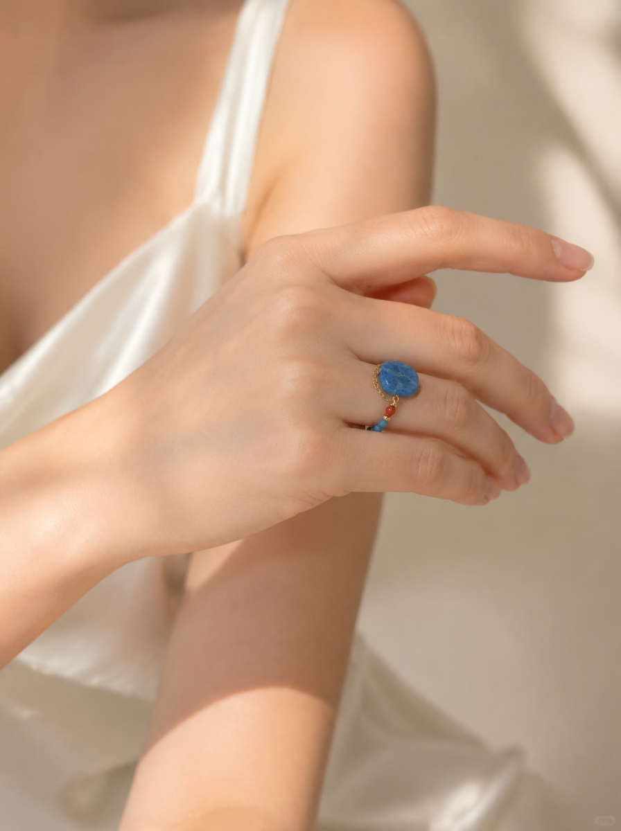Blue Lace, Garnet, Freshwater Pearl, Ring, Five Elements Design, Women Jewelry, Gift for Her, DH004-J1