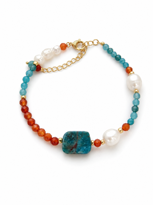 Blue Lace, Garnet, Freshwater Pearl, Bracelet, Five Elements Design, Women Jewelry, Gift for Her, DH004-S1