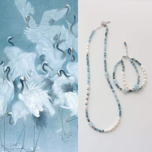 Blue Gemstone, Aquamarine, Pearl, Jewelry Set, Five Elements Design, Women Jewelry, Gift for Her, XZS001