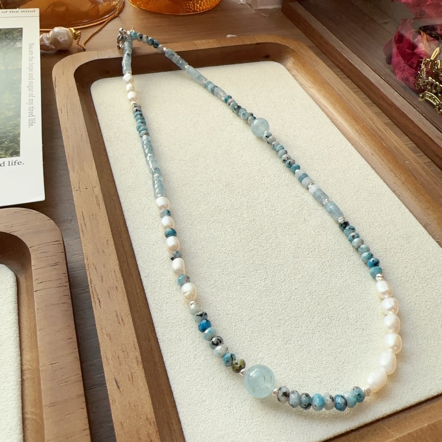 Blue Gemstone, Aquamarine, Pearl, Necklace, Five Elements Design, Women Jewelry, Adjustable Extender, Gift for Her, XZS001-X1
