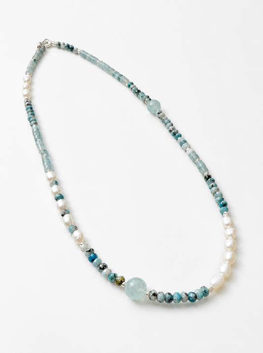 Blue Gemstone, Aquamarine, Pearl, Necklace, Five Elements Design, Women Jewelry, Adjustable Extender, Gift for Her, XZS001-X1