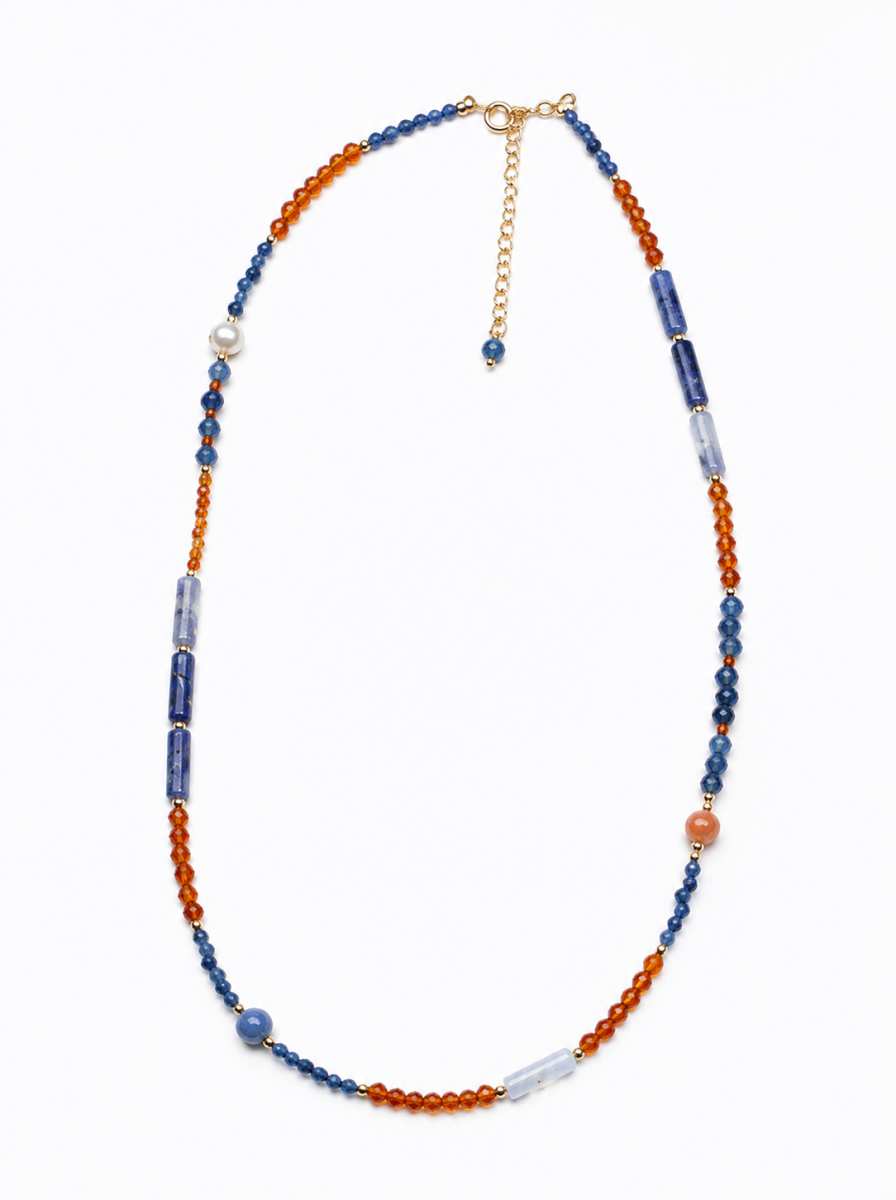 Blue Opal, Garnet, Freshwater Pearl, Necklace, Five Elements Design, Women Jewelry, Adjustable Extender, DH006-X1