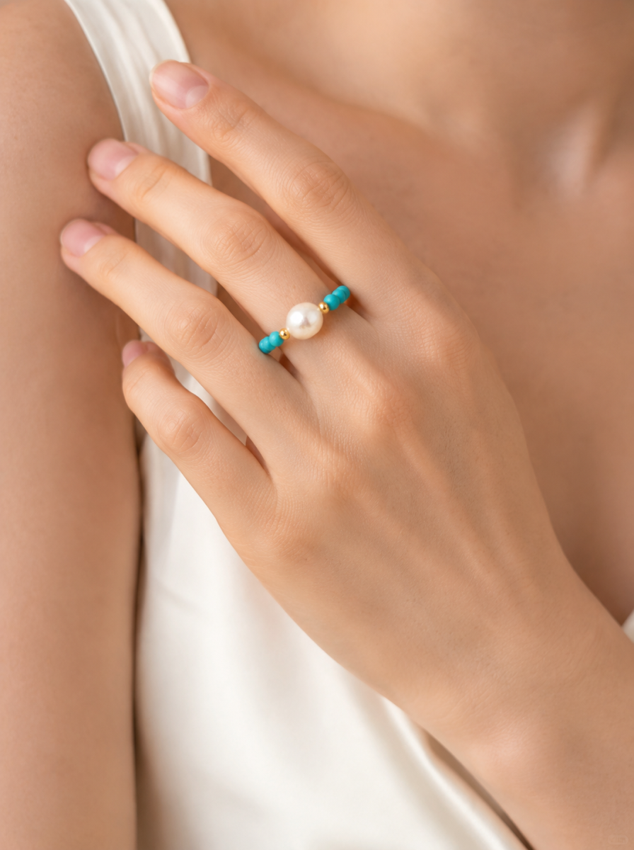 Turquoise, Freshwater Pearl, Ring, Five Elements Design, Women Jewelry, Gift for Her, ZGS005-J1