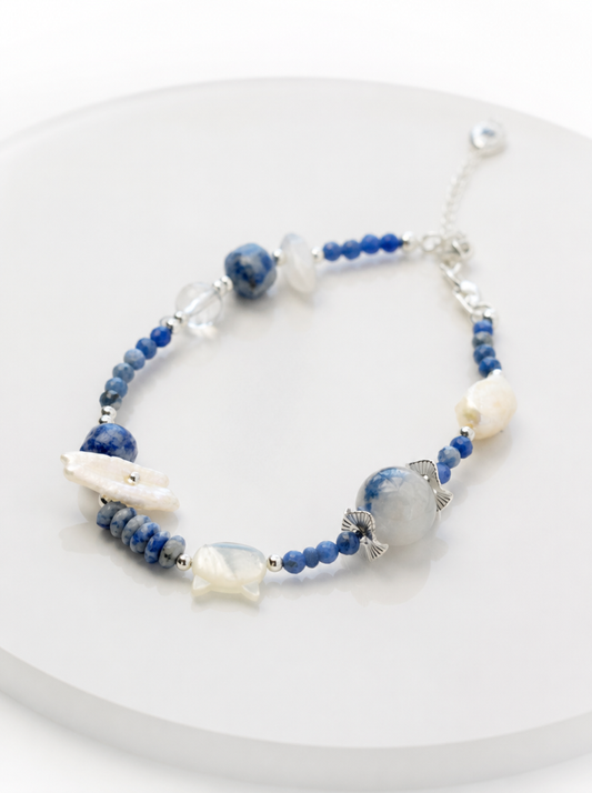 Blue Lace, Clear Quartz, Blue Opal, Bracelet, Five Elements Design, Women Jewelry, Gift for Her, XZS005-S1