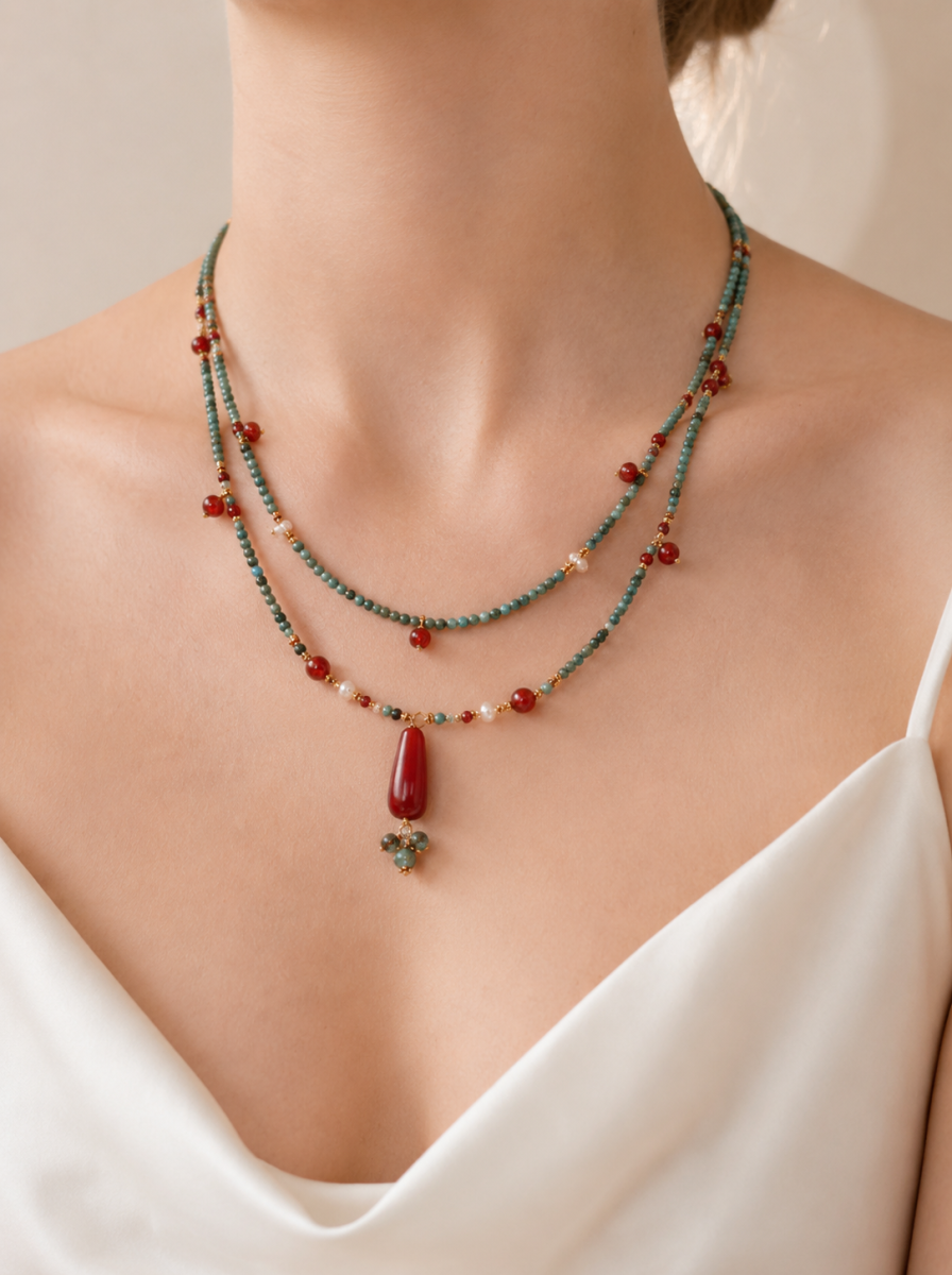Hubei Turquoise, Red Agate, Necklace, Five Elements Design, Women Jewelry, Adjustable Extender, Gift