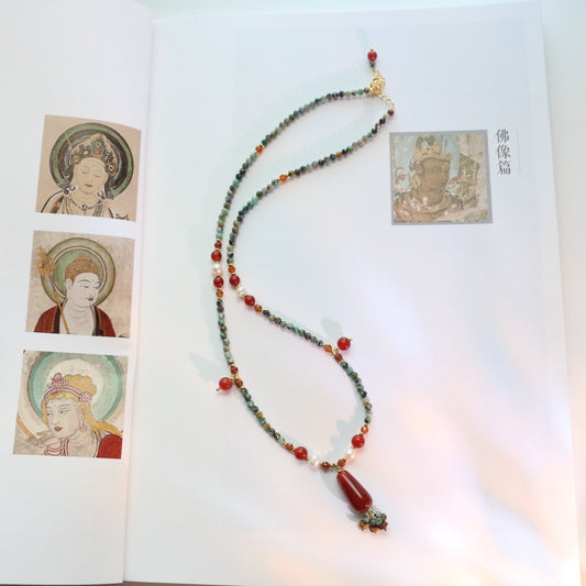 Hubei Turquoise, Red Agate, Necklace, Five Elements Design, Women Jewelry, Adjustable Extender, Gift