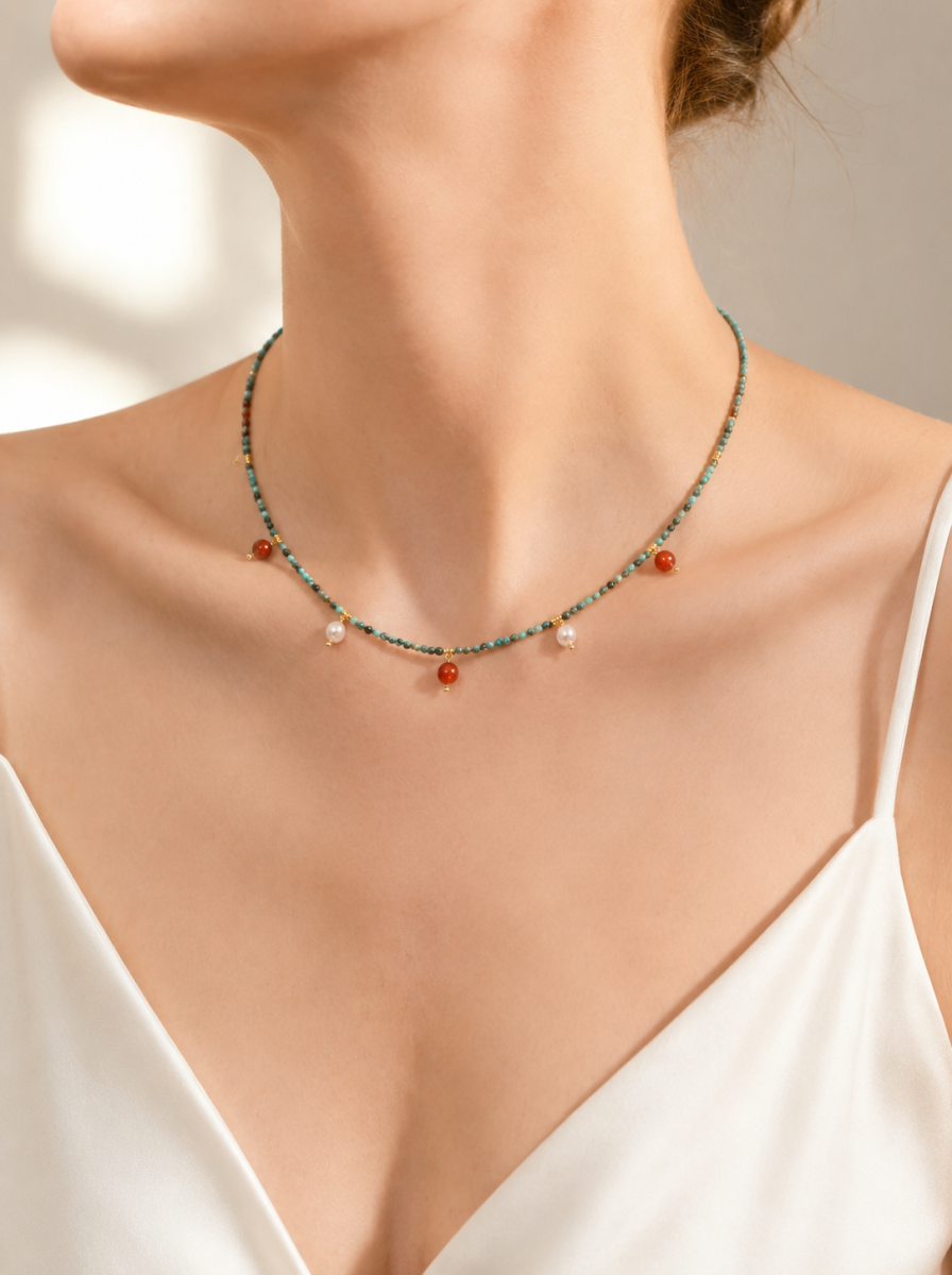 Hubei Turquoise, Red Agate, Necklace, Five Elements Design, Women Jewelry, Adjustable Extender, Gift