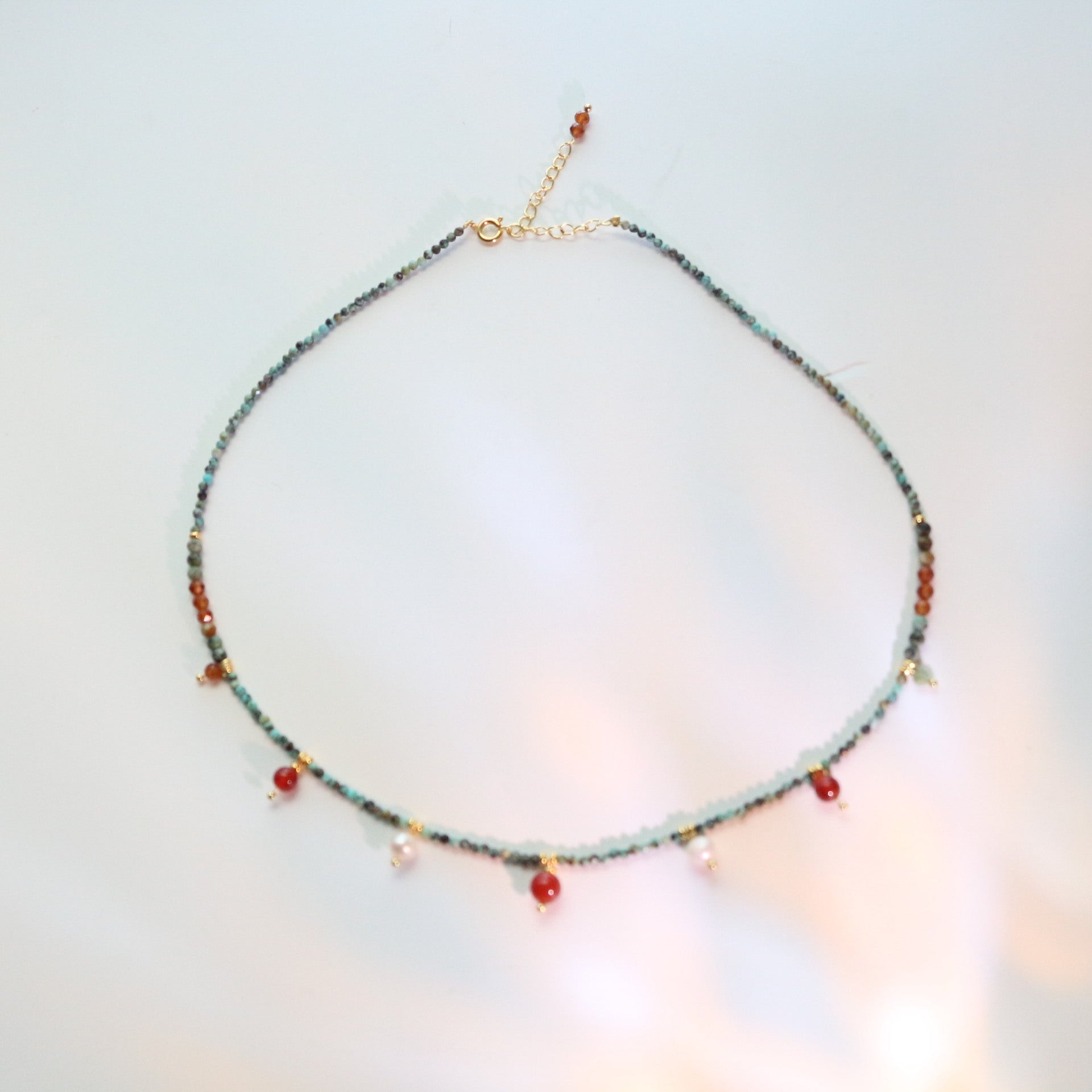 Hubei Turquoise, Red Agate, Necklace, Five Elements Design, Women Jewelry, Adjustable Extender, Gift