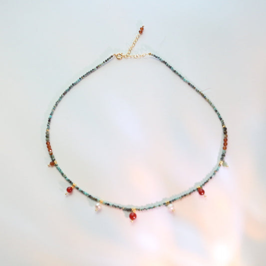 Hubei Turquoise, Red Agate, Necklace, Five Elements Design, Women Jewelry, Adjustable Extender, Gift