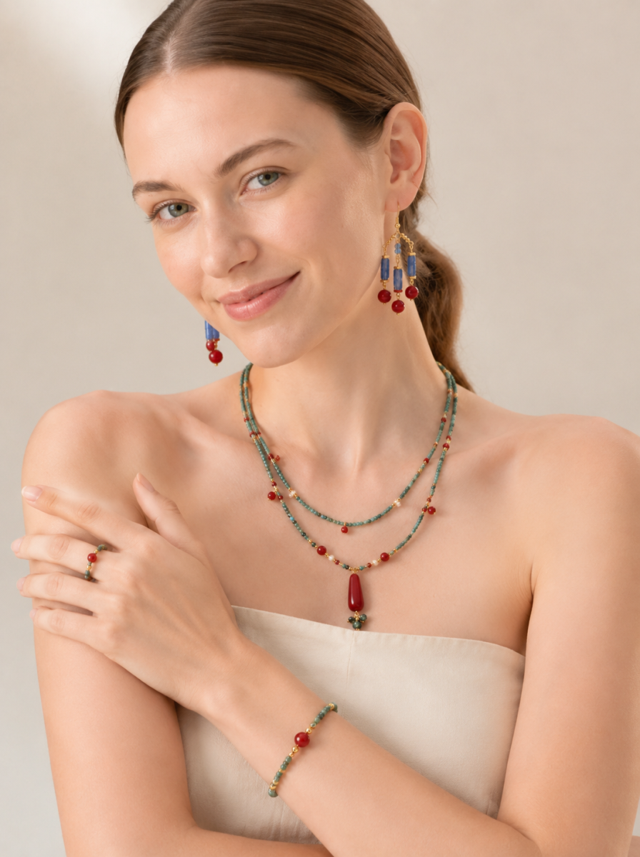 Hubei Turquoise, Red Agate, Jewelry Set, Dunhuang Heritage Style, Women Jewelry, Gift for Her, DH001
