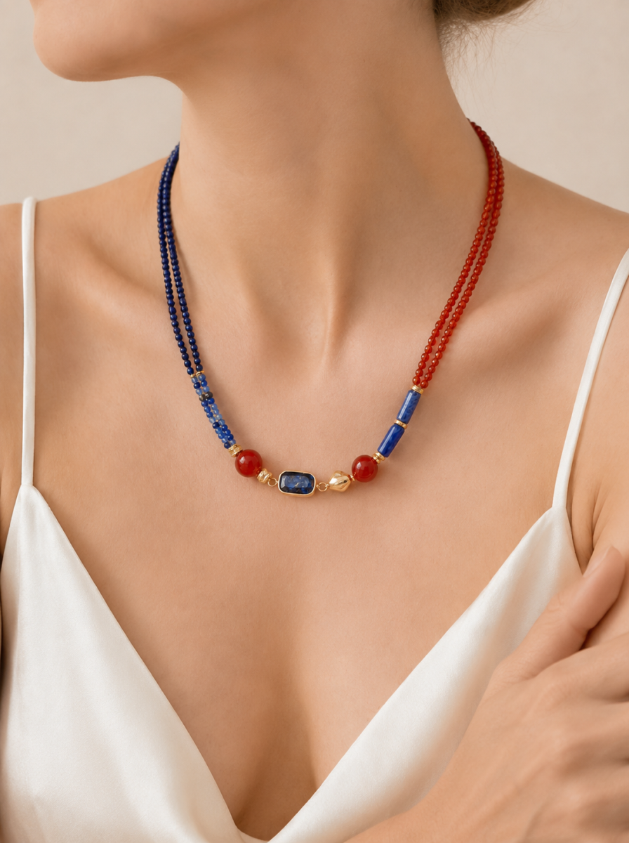 Hubei Turquoise, Red Agate, Lapis Lazuli, Necklace, Five Elements Design, Women Jewelry, Adjustable 