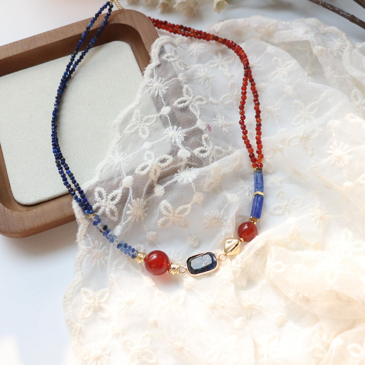 Hubei Turquoise, Red Agate, Lapis Lazuli, Necklace, Five Elements Design, Women Jewelry, Adjustable 