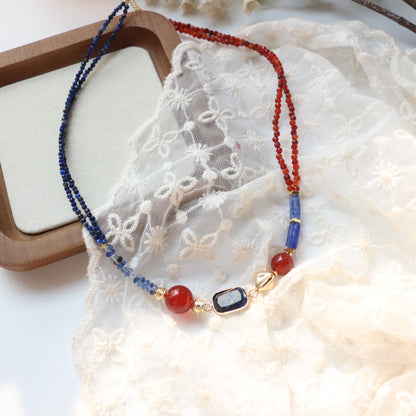 Hubei Turquoise, Red Agate, Lapis Lazuli, Necklace, Five Elements Design, Women Jewelry, Adjustable 