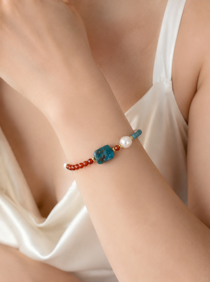 Blue Lace, Garnet, Freshwater Pearl, Bracelet, Five Elements Design, Women Jewelry, Gift for Her, DH
