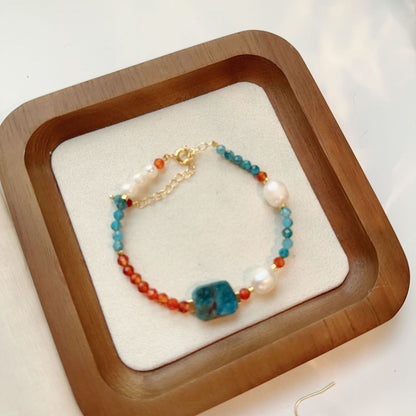 Blue Lace, Garnet, Freshwater Pearl, Bracelet, Five Elements Design, Women Jewelry, Gift for Her, DH
