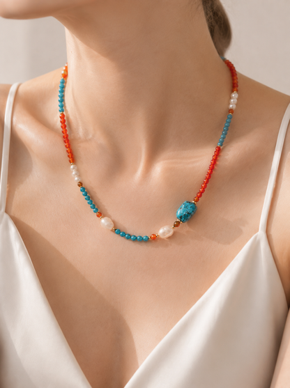 Blue Lace, Garnet, Freshwater Pearl, Necklace, Five Elements Design, Women Jewelry, Adjustable Exten