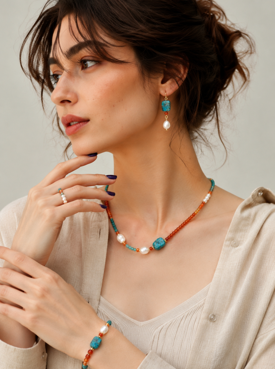 Blue Lace, Garnet, Freshwater Pearl, Jewelry Set, Dunhuang Heritage Style, Women Jewelry, Gift for H