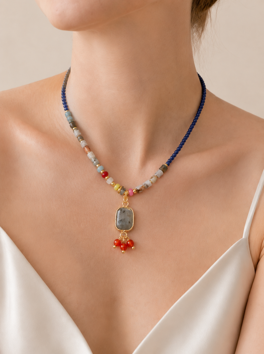 Hubei Turquoise, Celestine, Lapis Lazuli, Necklace, Five Elements Design, Women Jewelry, Adjustable Extender, DH005-X1