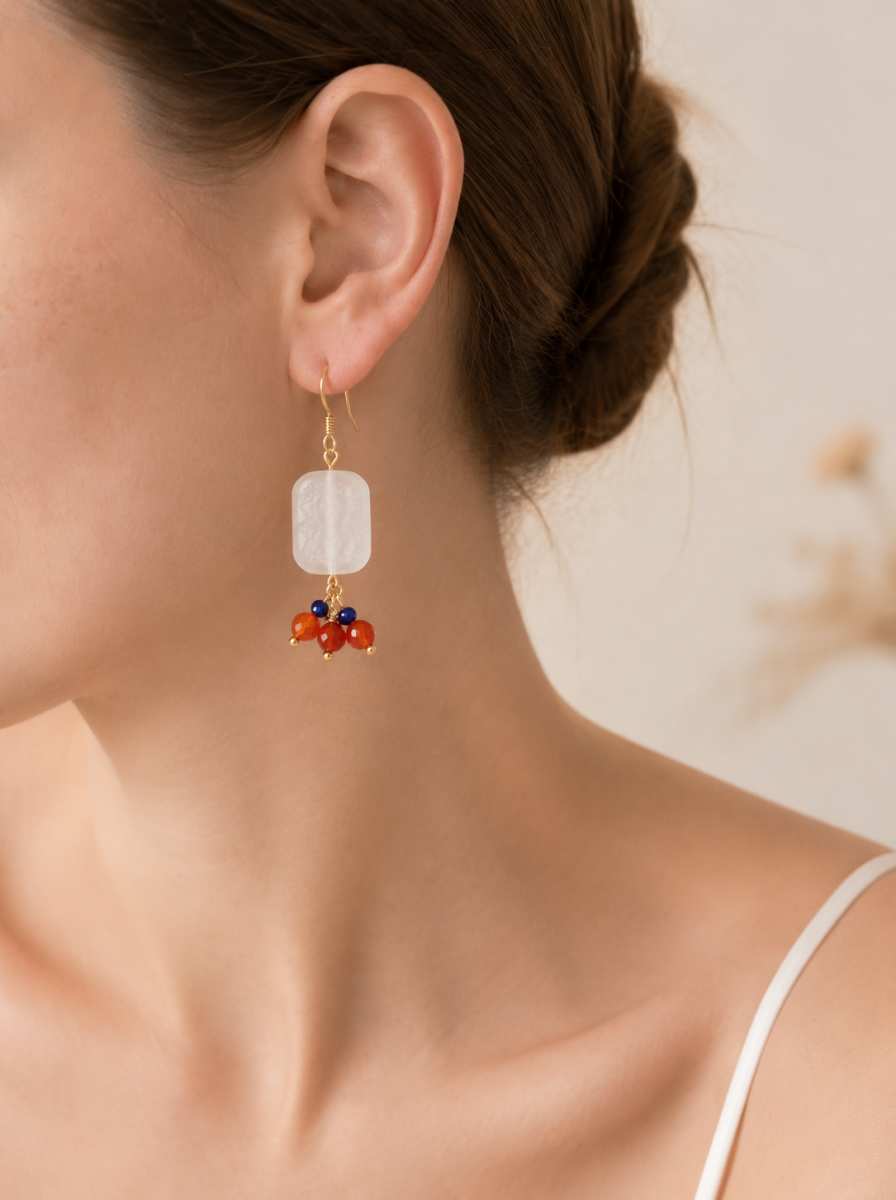 White Agate, Blue Opal, Garnet, Earrings, Five Elements Design, Women Jewelry, Gift for Her, DH006-E