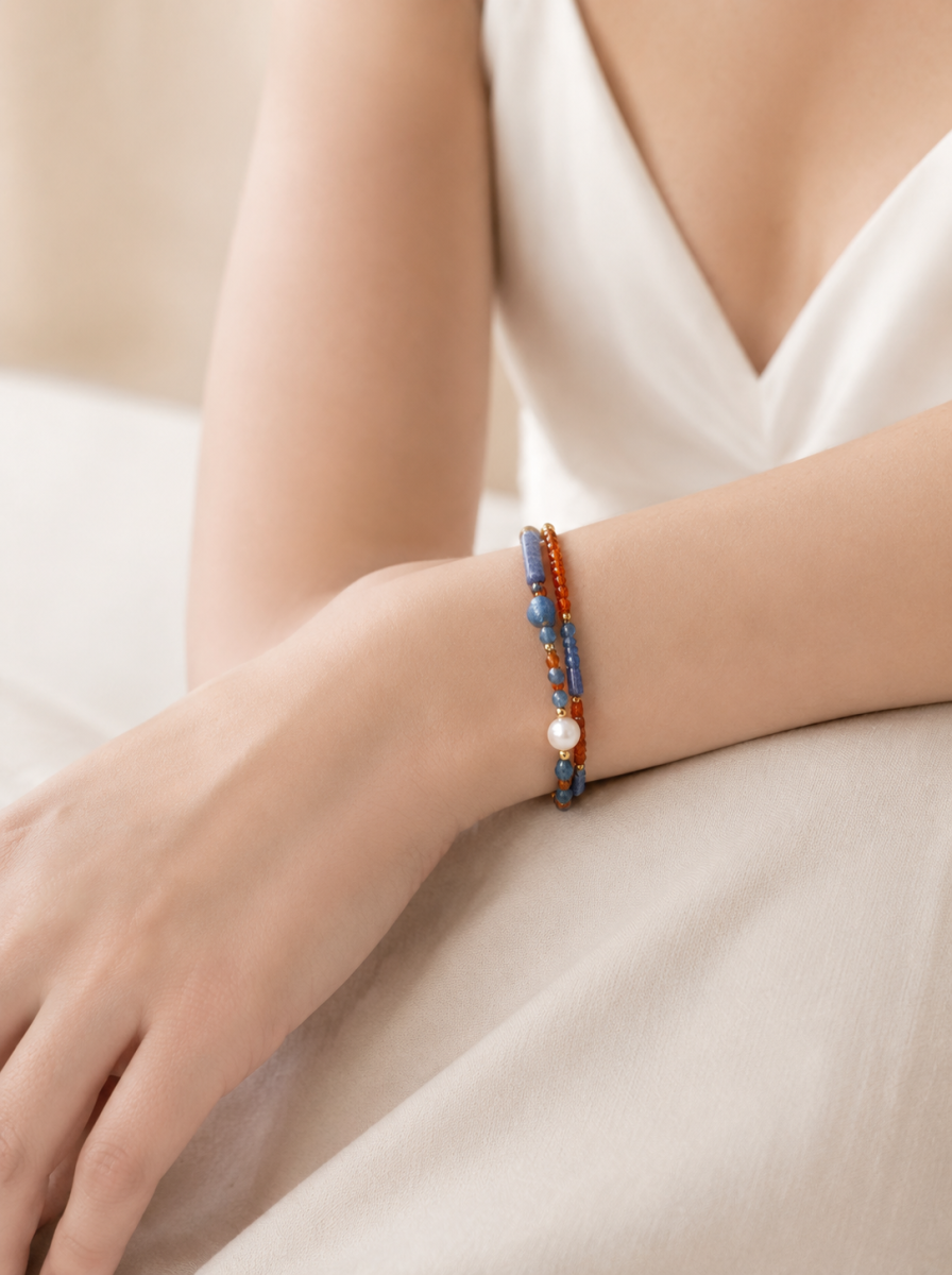 Blue Opal, Garnet, Freshwater Pearl, Bracelet, Five Elements Design, Women Jewelry, Gift for Her, DH