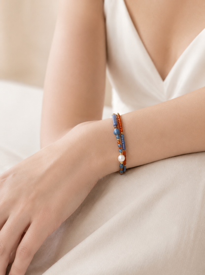 Blue Opal, Garnet, Freshwater Pearl, Bracelet, Five Elements Design, Women Jewelry, Gift for Her, DH
