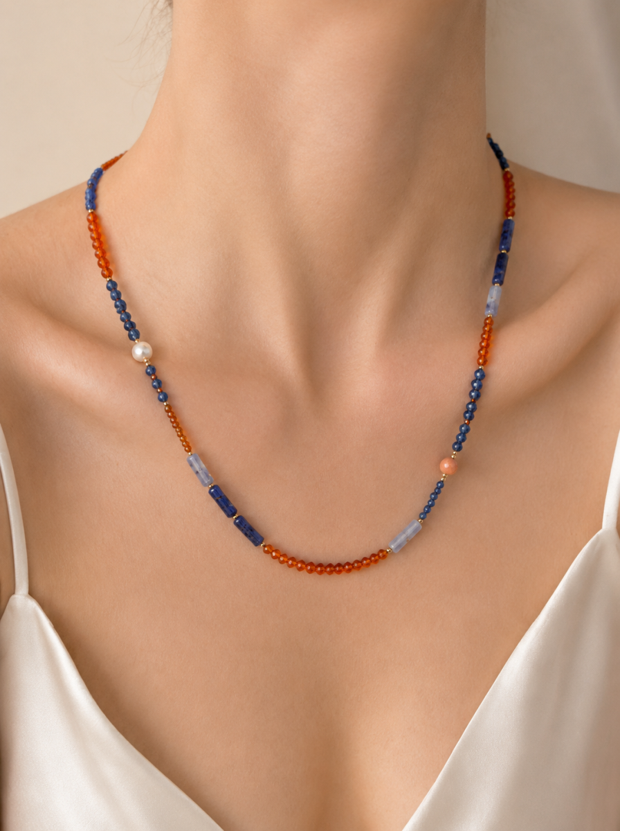 Blue Opal, Garnet, Freshwater Pearl, Necklace, Five Elements Design, Women Jewelry, Adjustable Exten