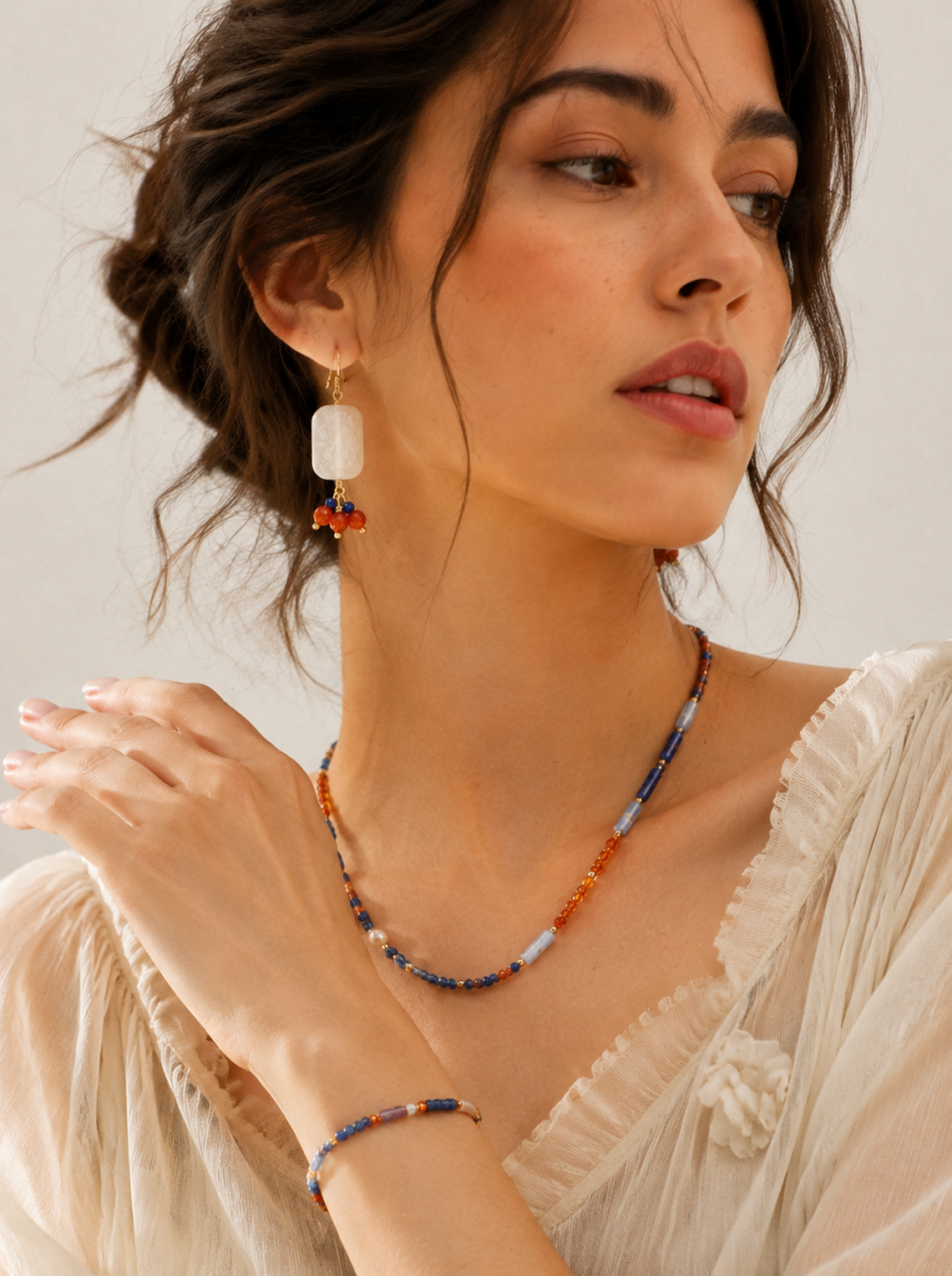 Blue Opal, Garnet, Freshwater Pearl, Jewelry Set, Dunhuang Heritage Style, Women Jewelry, Gift for H