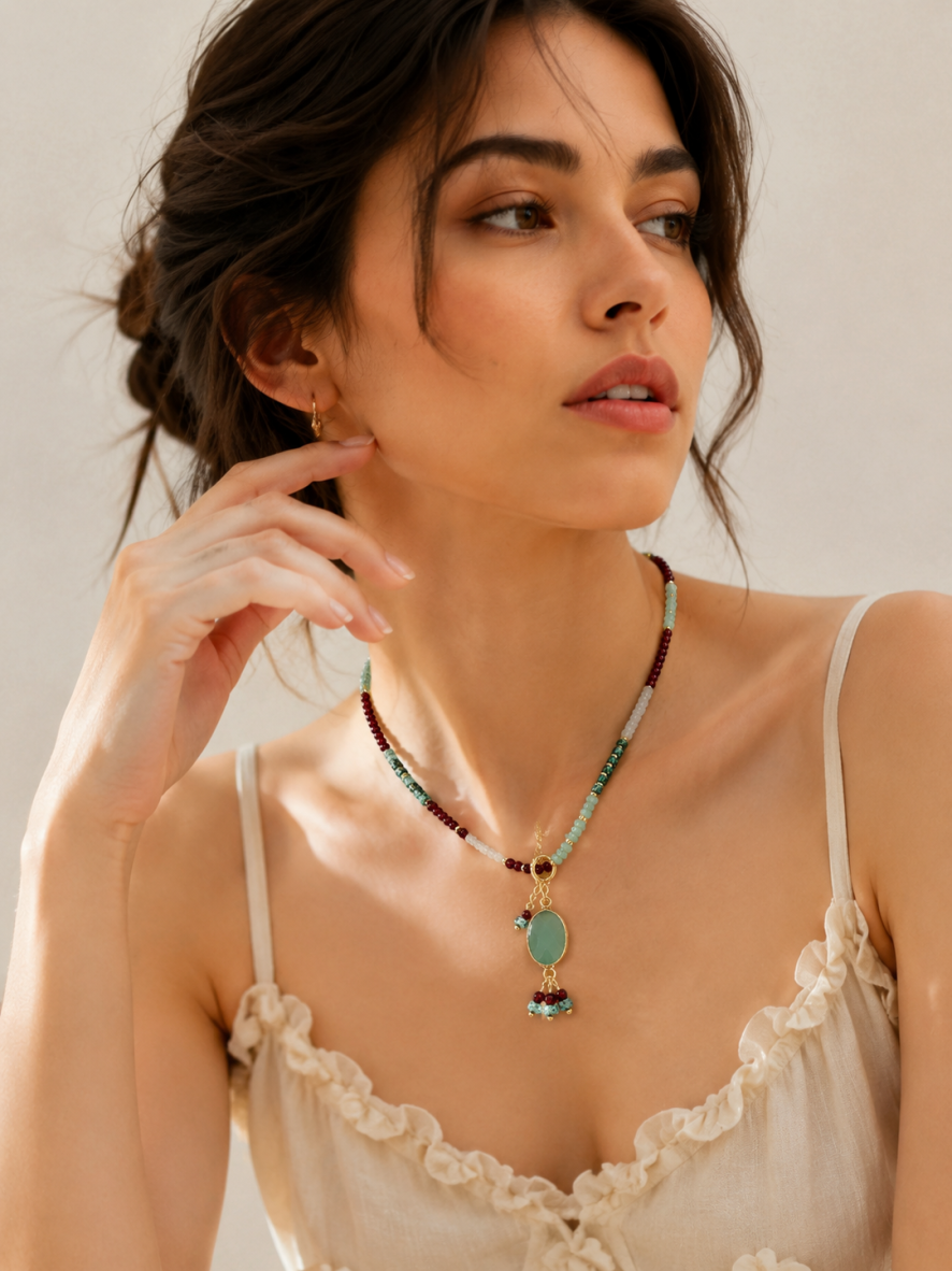 Garnet, Amazonite, Hubei Turquoise, Necklace, Dunhuang Heritage Style, Women Jewelry, Adjustable Ext