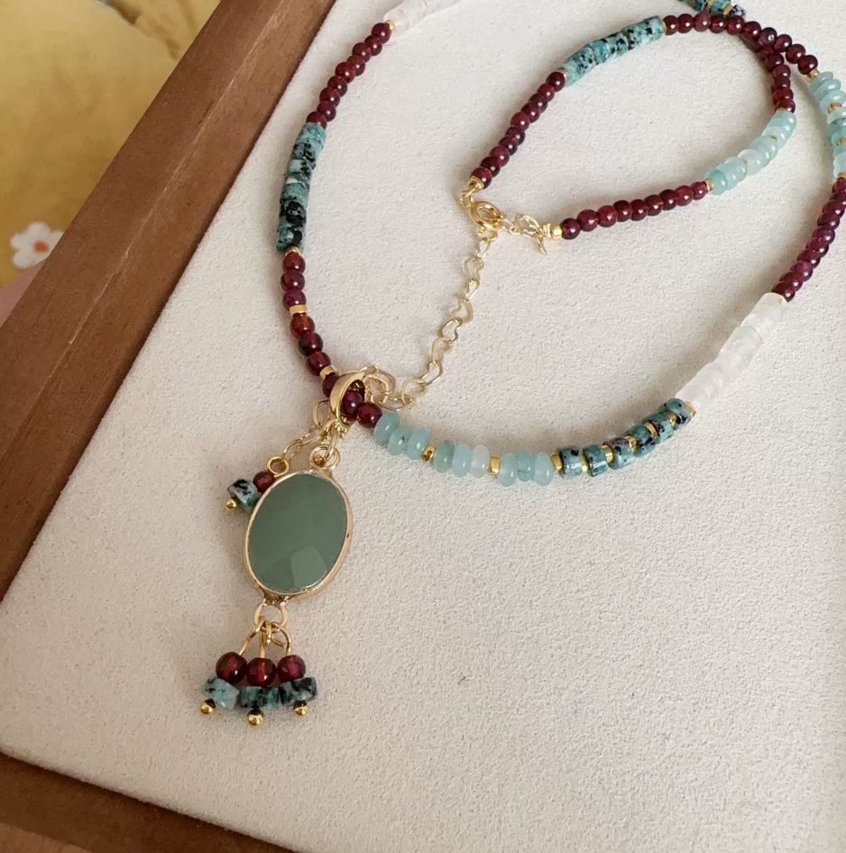 Garnet, Amazonite, Hubei Turquoise, Necklace, Dunhuang Heritage Style, Women Jewelry, Adjustable Ext