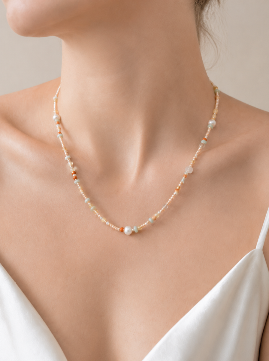Gradient Amazonite, Pearl, Clear Quartz, Necklace, Five Elements Design, Women Jewelry, Adjustable E