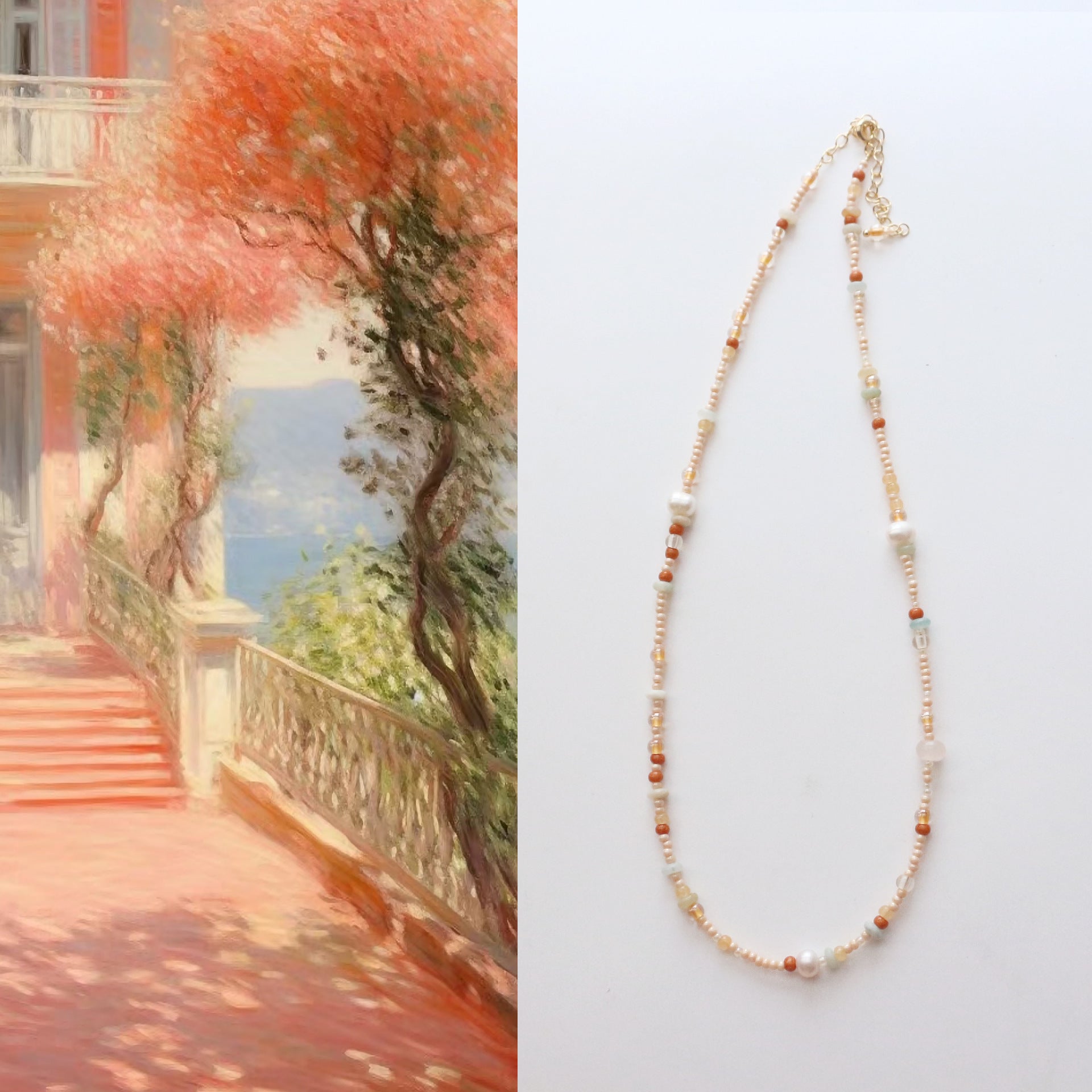 Gradient Amazonite, Pearl, Clear Quartz, Necklace, Five Elements Design, Women Jewelry, Adjustable E