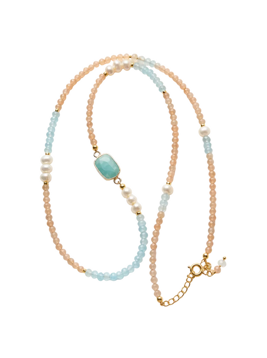 Sunstone, Pearl, Aquamarine, Necklace, Five Elements Design, Women Jewelry, Adjustable Extender, Gif