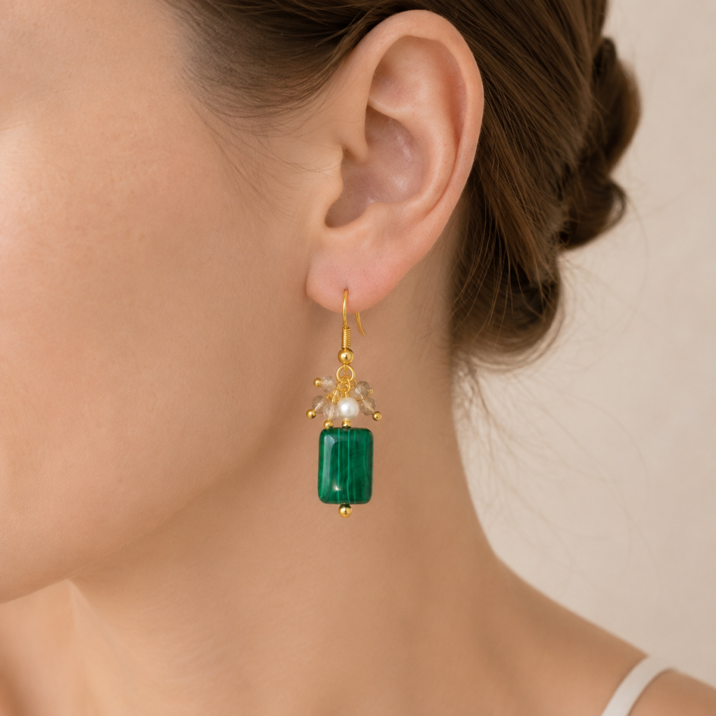 Malachite, Smoky Quartz, Pearl, Earrings, Five Elements Design, Women Jewelry, Gift for Her, FS005-E