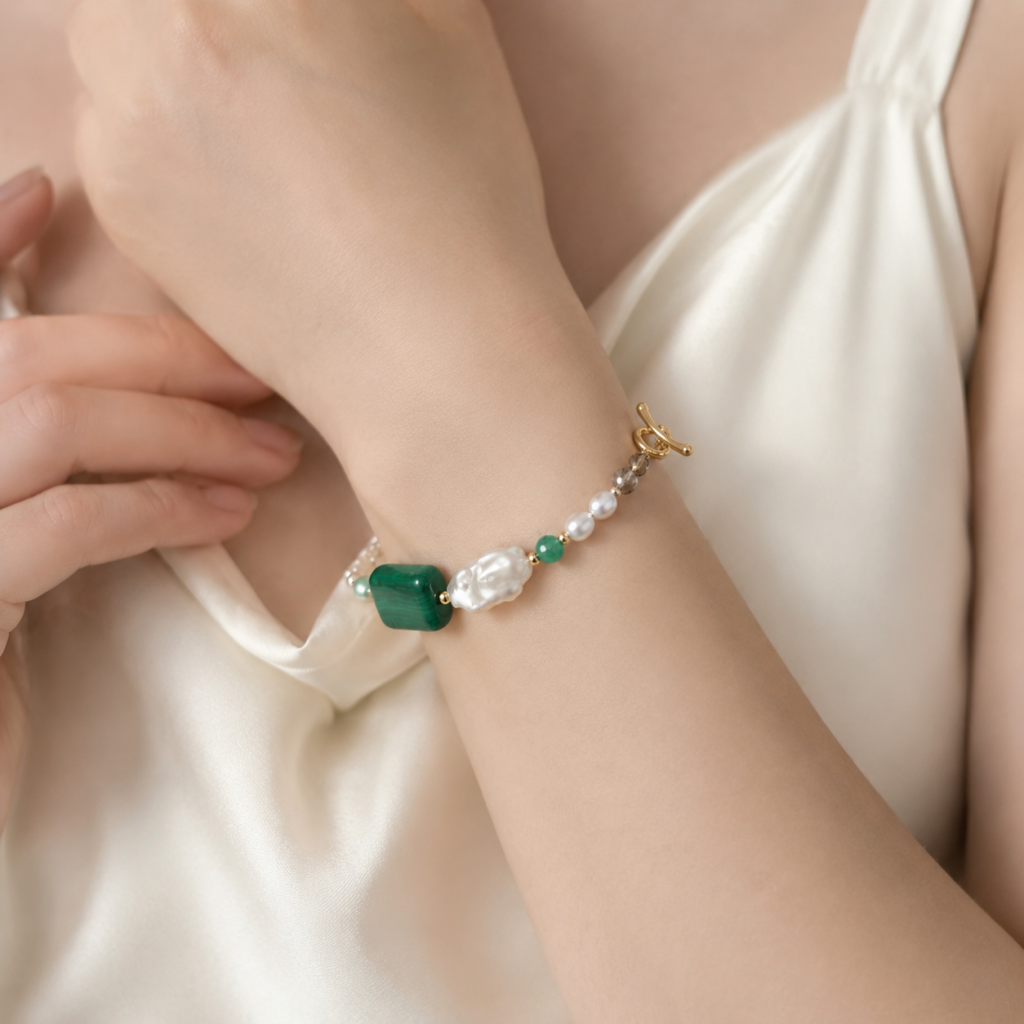 Malachite, Smoky Quartz, Pearl, Bracelet, Five Elements Design, Women Jewelry, Gift for Her, FS005-S