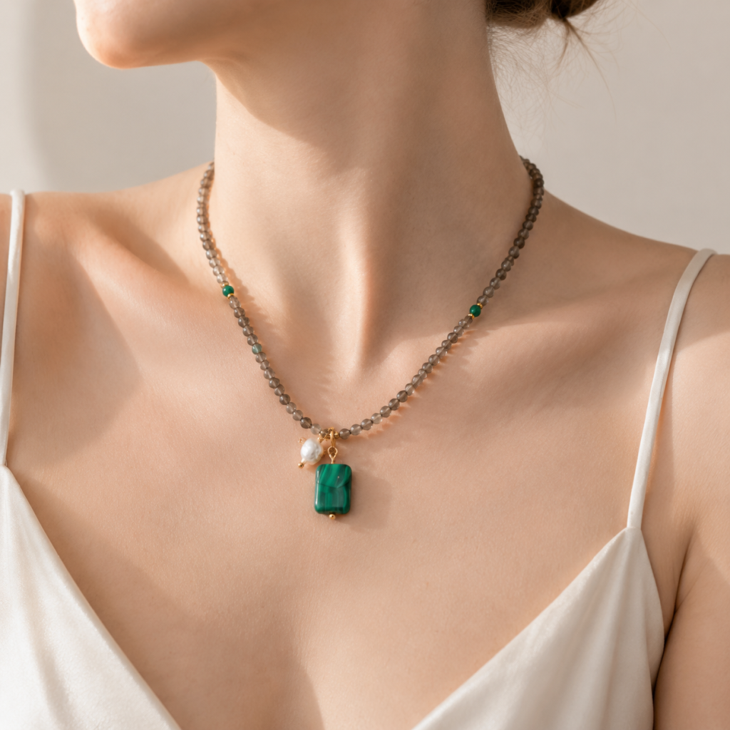 Malachite, Smoky Quartz, Pearl, Necklace, Five Elements Design, Women Jewelry, Adjustable Extender, 