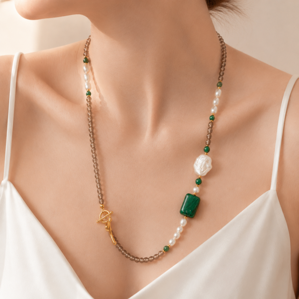 Malachite, Smoky Quartz, Pearl, Necklace, Five Elements Design, Women Jewelry, Adjustable Extender, 