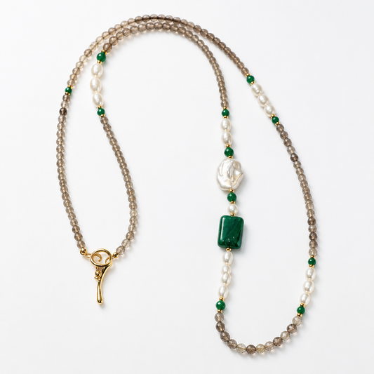 Malachite, Smoky Quartz, Pearl, Necklace, Five Elements Design, Women Jewelry, Adjustable Extender, Gift for Her, FS005-X2