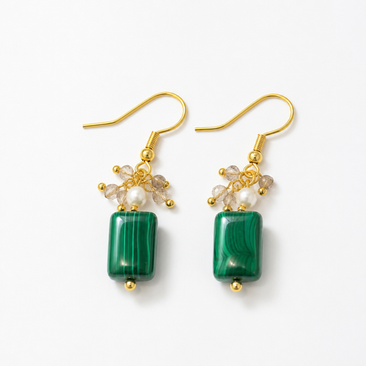 Malachite, Smoky Quartz, Pearl, Earrings, Five Elements Design, Women Jewelry, Gift for Her, FS005-E1