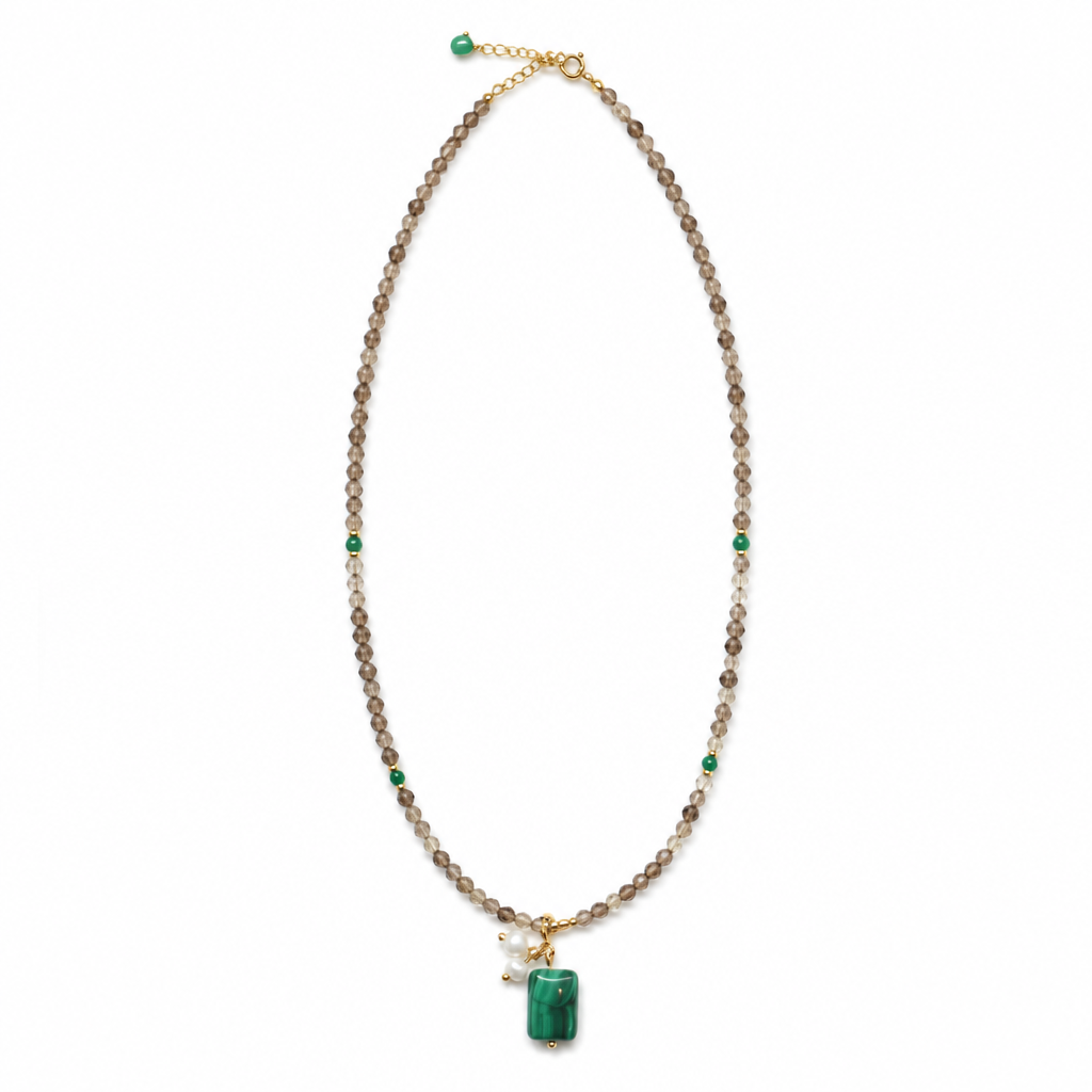 Malachite, Smoky Quartz, Pearl, Necklace, Five Elements Design, Women Jewelry, Adjustable Extender, Gift for Her, FS005-X1