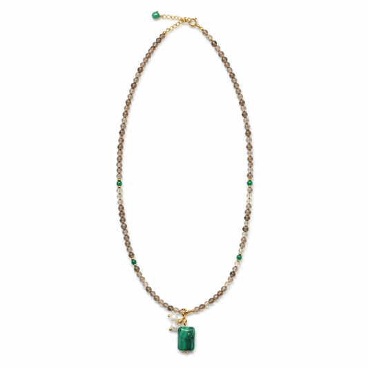 Malachite, Smoky Quartz, Pearl, Necklace, Five Elements Design, Women Jewelry, Adjustable Extender, Gift for Her, FS005-X1