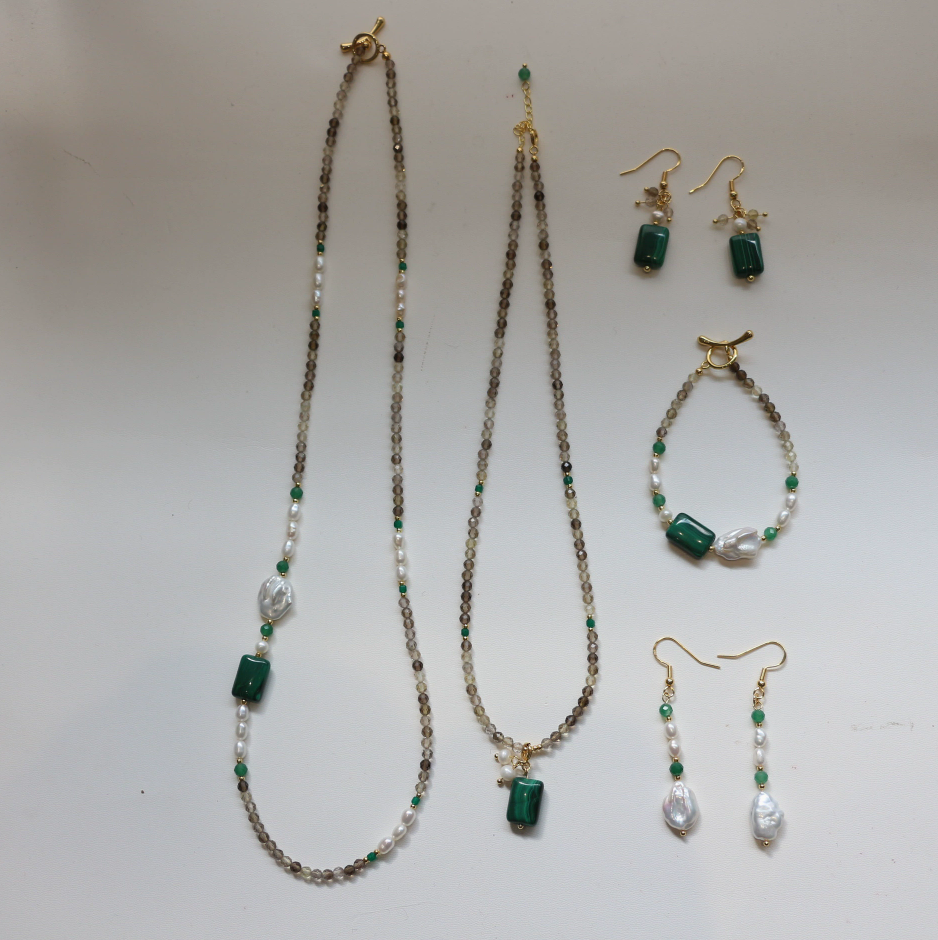 Malachite, Smoky Quartz, Pearl, Jewelry Set, Five Elements Design, Women Jewelry, Gift for Her, FS00