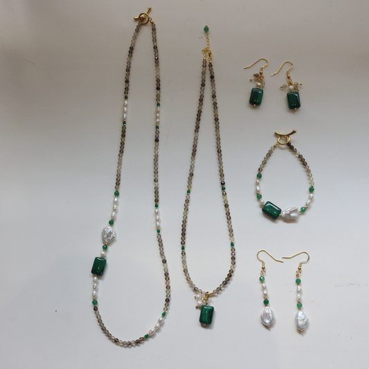 Malachite, Smoky Quartz, Pearl, Jewelry Set, Five Elements Design, Women Jewelry, Gift for Her, FS00