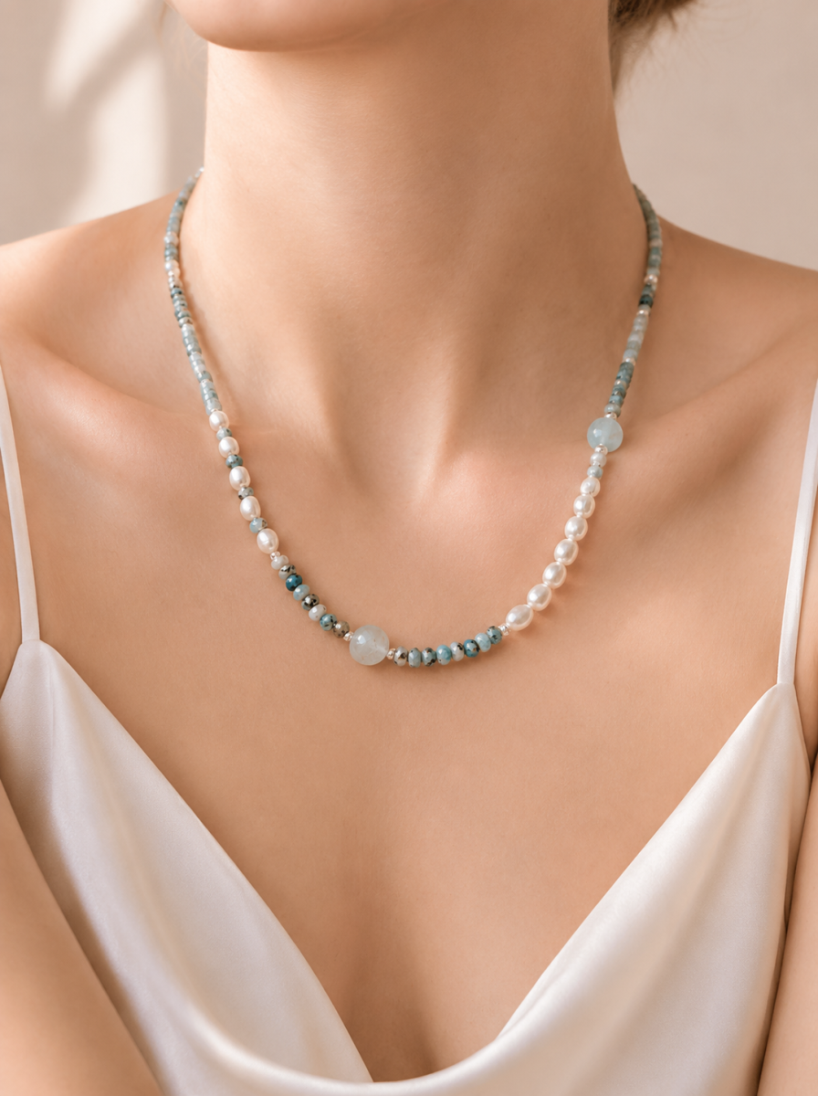 Blue Gemstone, Aquamarine, Pearl, Necklace, Five Elements Design, Women Jewelry, Adjustable Extender