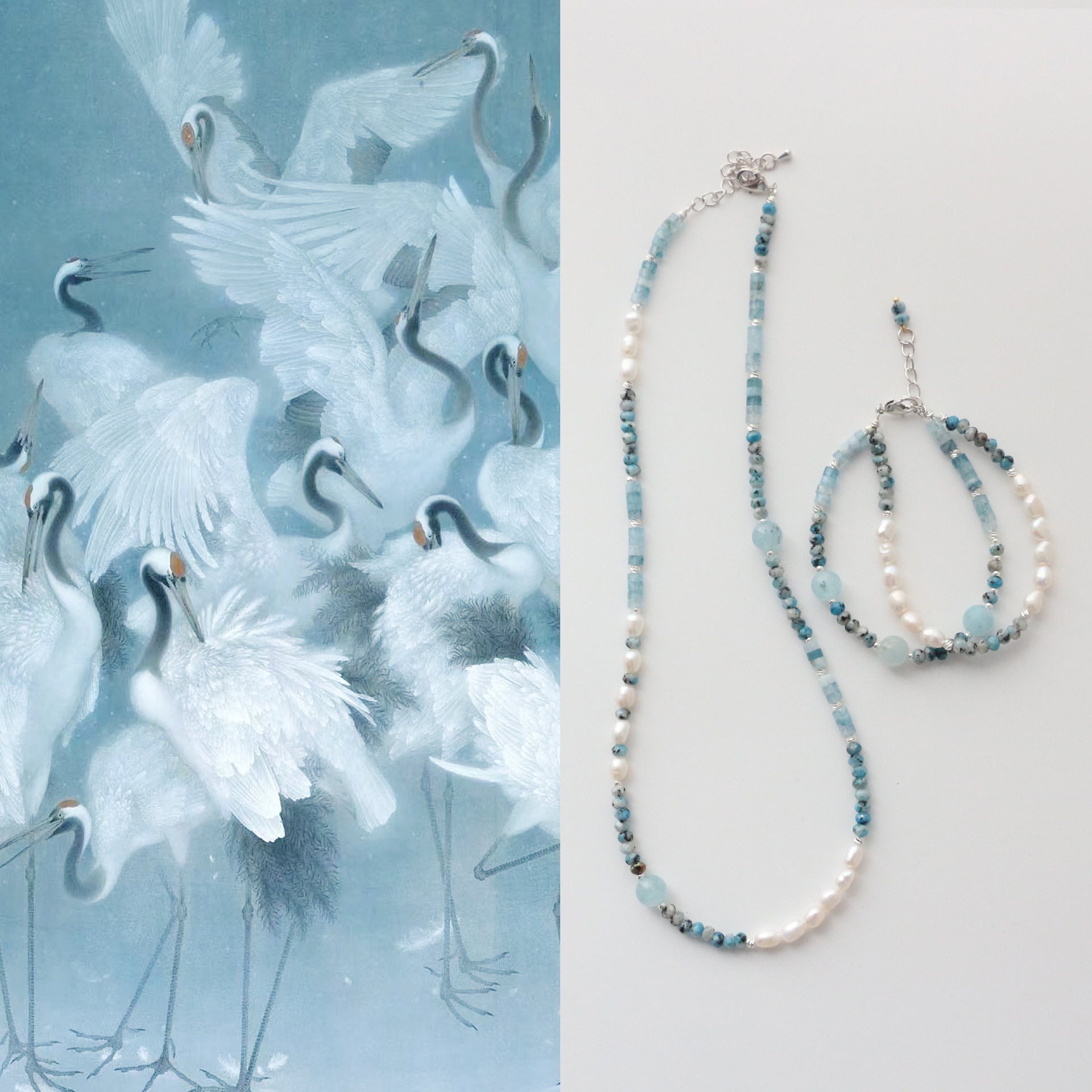 Blue Gemstone, Aquamarine, Pearl, Necklace, Five Elements Design, Women Jewelry, Adjustable Extender