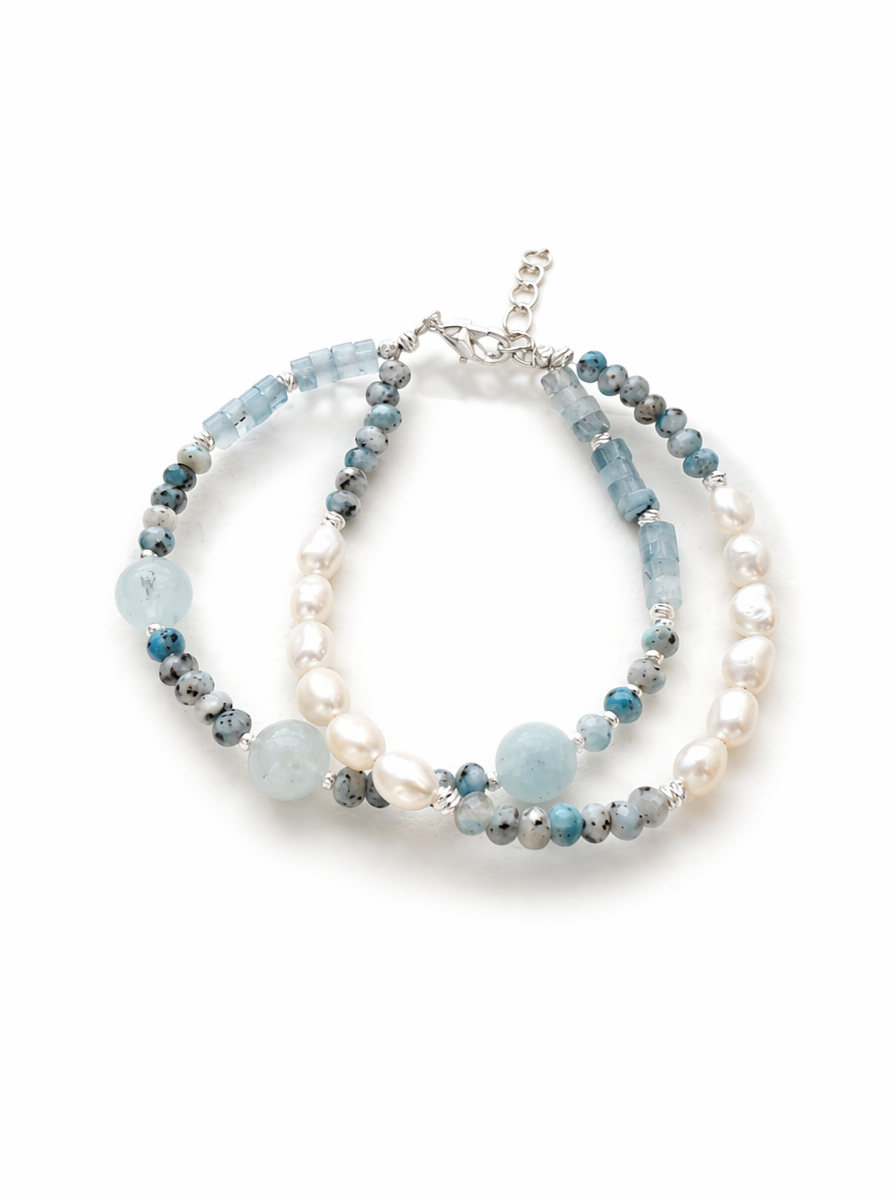 Blue Gemstone, Aquamarine, Pearl, Jewelry Set, Five Elements Design, Women Jewelry, Gift for Her, XZ