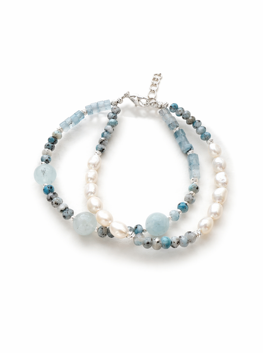 Blue Gemstone, Aquamarine, Pearl, Bracelet, Five Elements Design, Women Jewelry, Gift for Her, XZS001-S1